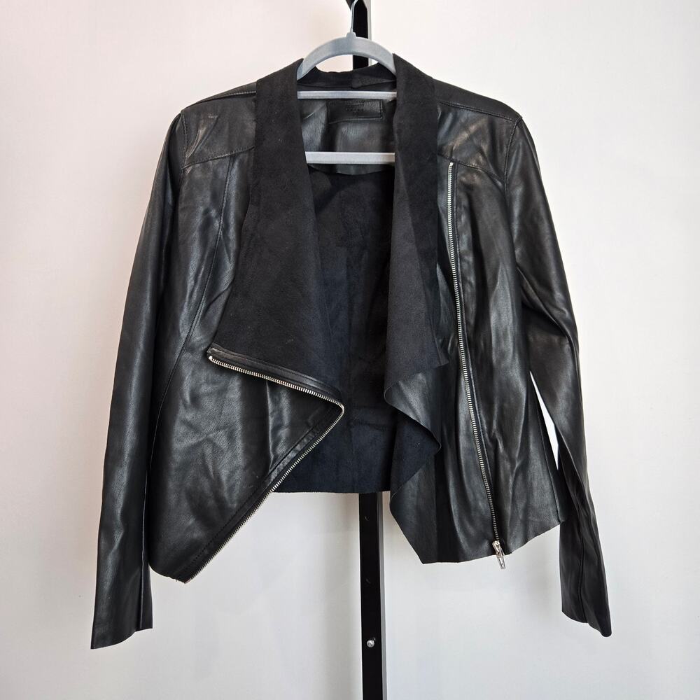 Blank NYC Black Faux Leather Jacket Full‎ Zip Fold Over Collar Biker Emo Small